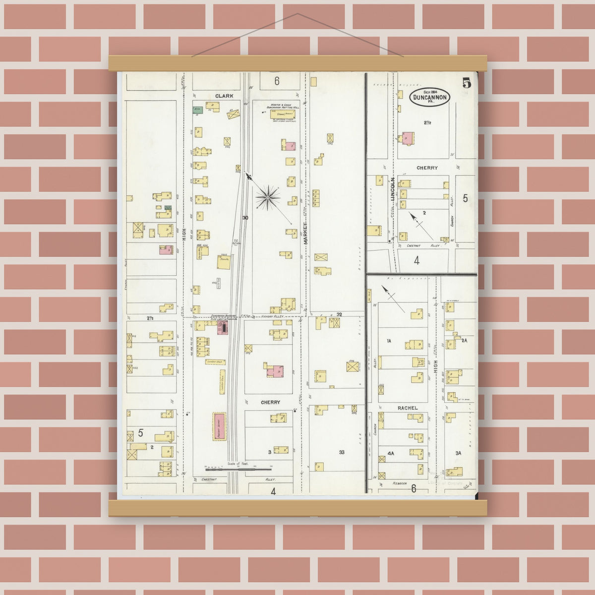 Old map wall art mockup — magnetic wood frame on brick wall — Sanborn Fire Insurance Map from Duncannon, Perry County, Pennsylvania (1904), Sheet #0005