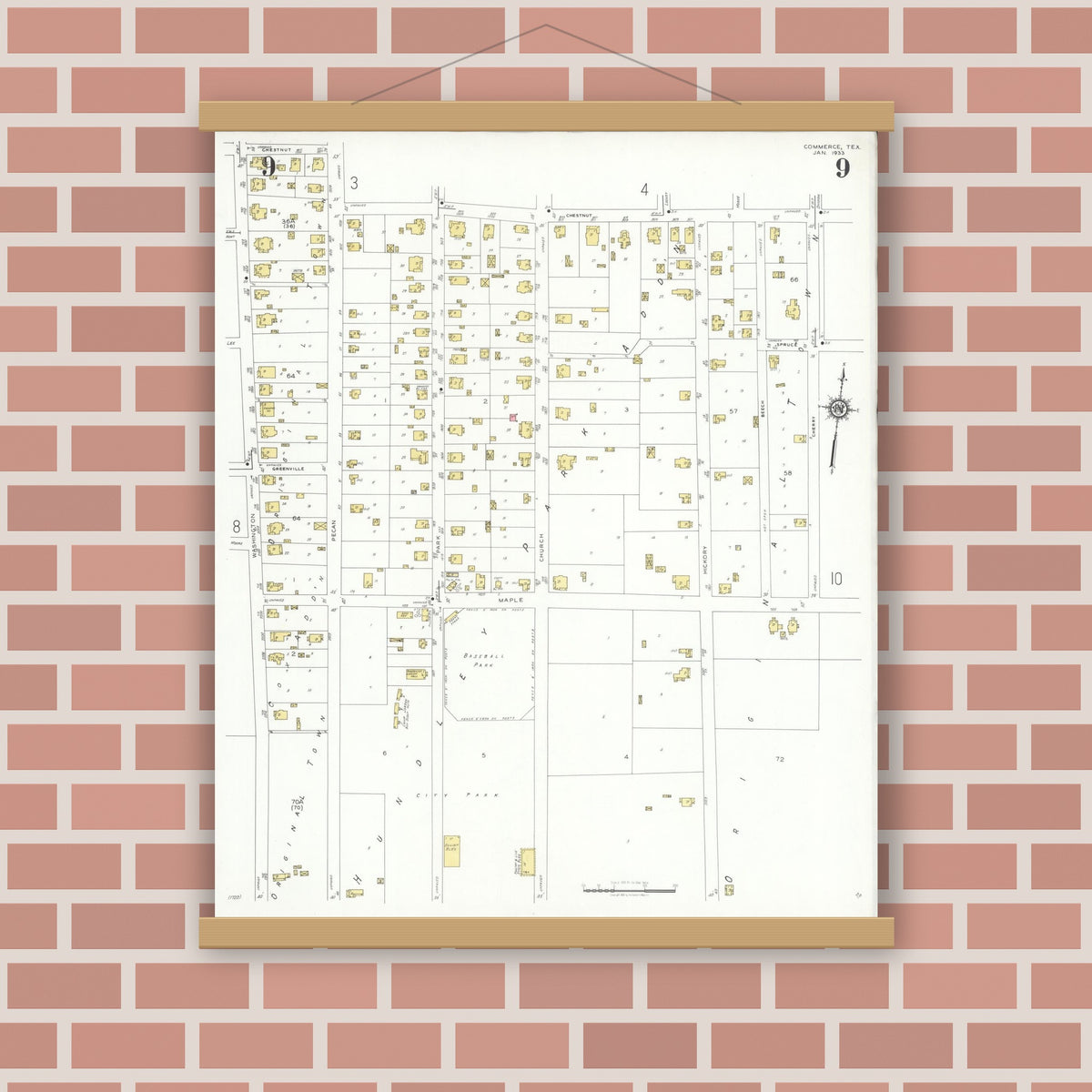 Old map wall art mockup — magnetic wood frame on brick wall — Sanborn Fire Insurance Map from Commerce, Hunt County, Texas (1933), Sheet #0009