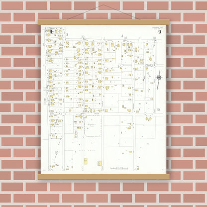 Old map wall art mockup — magnetic wood frame on brick wall — Sanborn Fire Insurance Map from Commerce, Hunt County, Texas (1933), Sheet #0009
