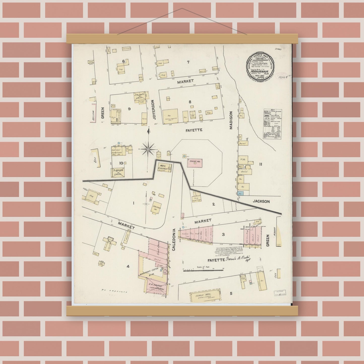 Old map wall art mockup — magnetic wood frame on brick wall — Sanborn Fire Insurance Map from Marianna, Jackson County, Florida (1890), Sheet #0001