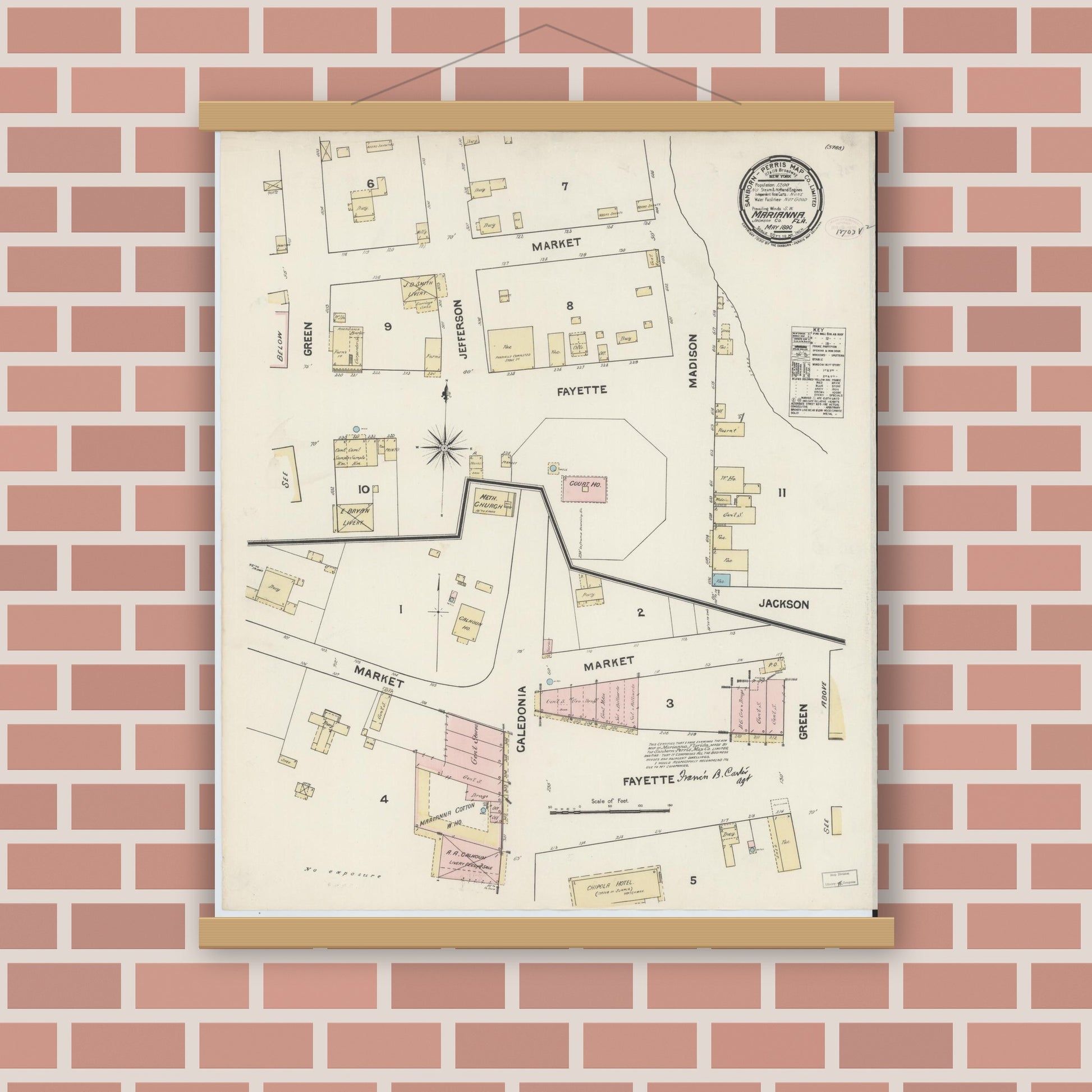Old map wall art mockup — magnetic wood frame on brick wall — Sanborn Fire Insurance Map from Marianna, Jackson County, Florida (1890), Sheet #0001
