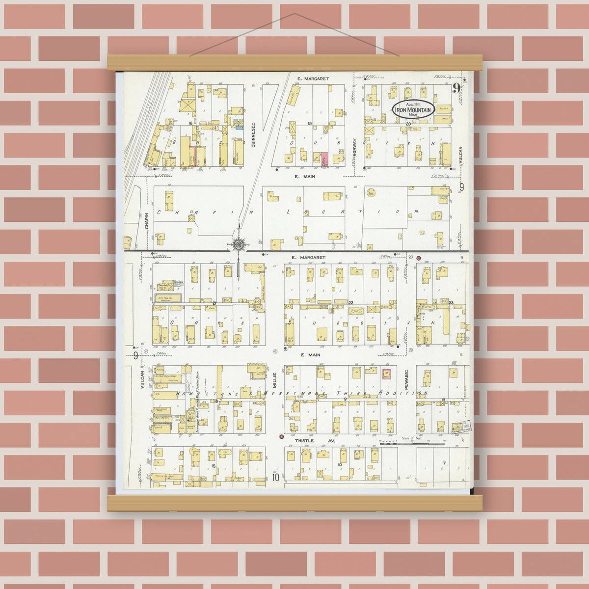 Old map wall art mockup — magnetic wood frame on brick wall — Sanborn Fire Insurance Map from Iron Mountain, Dickinson County, Michigan (1911), Sheet #0009