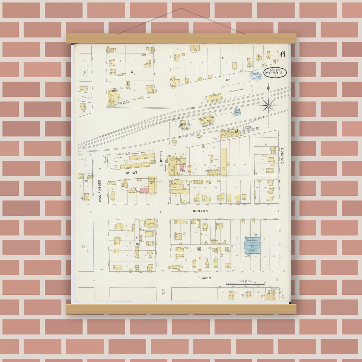 Old map wall art mockup — magnetic wood frame on brick wall — Sanborn Fire Insurance Map from Morris, Grundy County, Illinois (1894), Sheet #0006