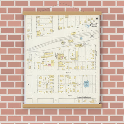 Old map wall art mockup — magnetic wood frame on brick wall — Sanborn Fire Insurance Map from Morris, Grundy County, Illinois (1894), Sheet #0006