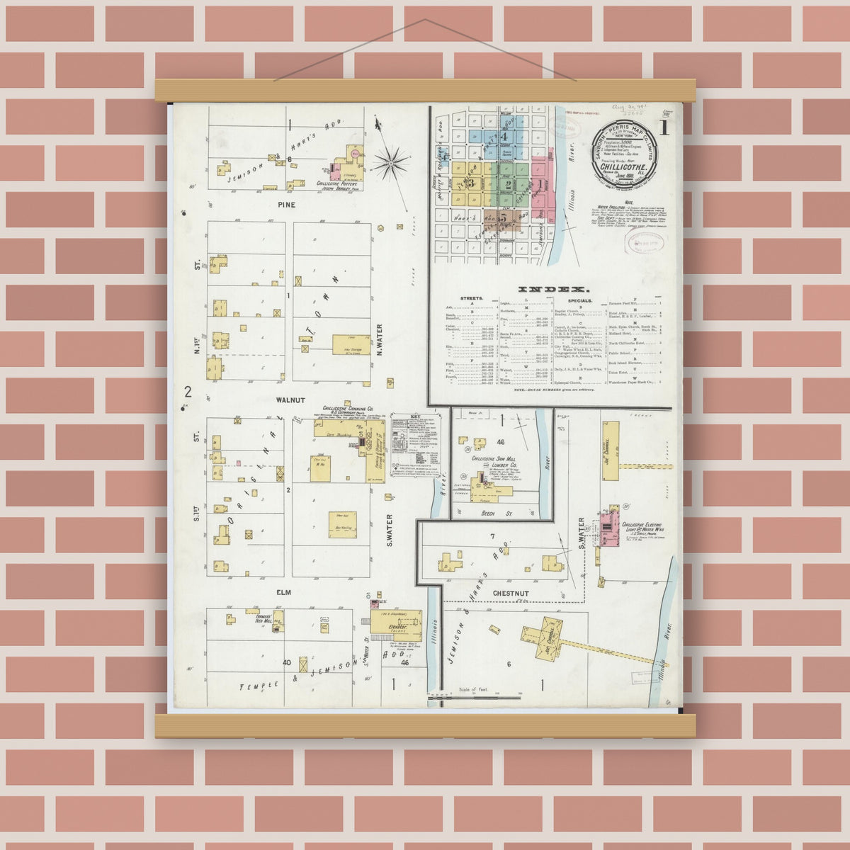 Old map wall art mockup — magnetic wood frame on brick wall — Sanborn Fire Insurance Map from Chillicothe, Peoria County, Illinois (1899) - Complete Map Set