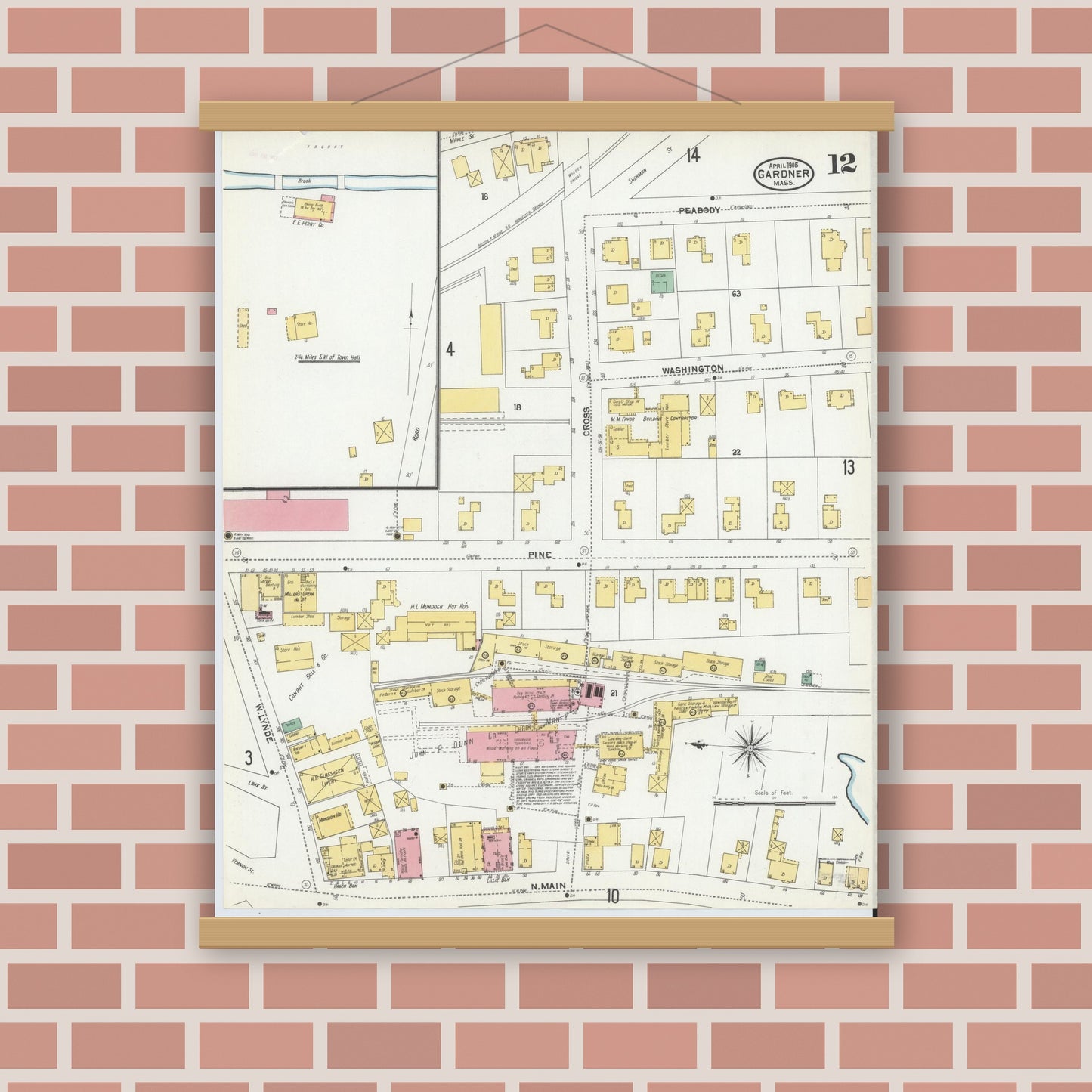 Old map wall art mockup — magnetic wood frame on brick wall — Sanborn Fire Insurance Map from Gardner, Worcester County, Massachusetts (1905), Sheet #0012