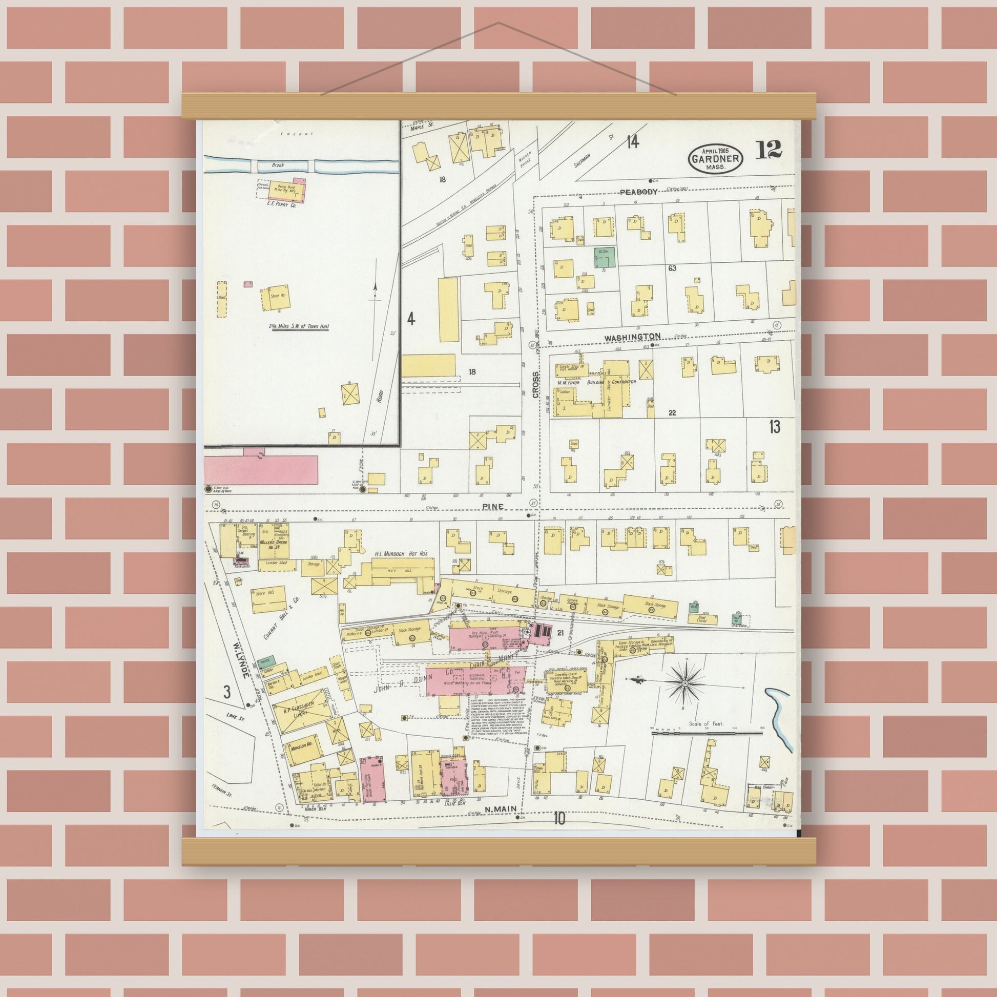 Old map wall art mockup — magnetic wood frame on brick wall — Sanborn Fire Insurance Map from Gardner, Worcester County, Massachusetts (1905), Sheet #0012
