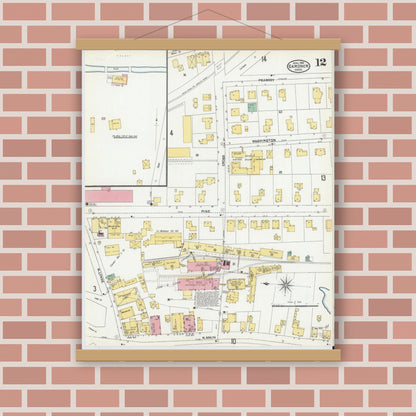 Old map wall art mockup — magnetic wood frame on brick wall — Sanborn Fire Insurance Map from Gardner, Worcester County, Massachusetts (1905), Sheet #0012