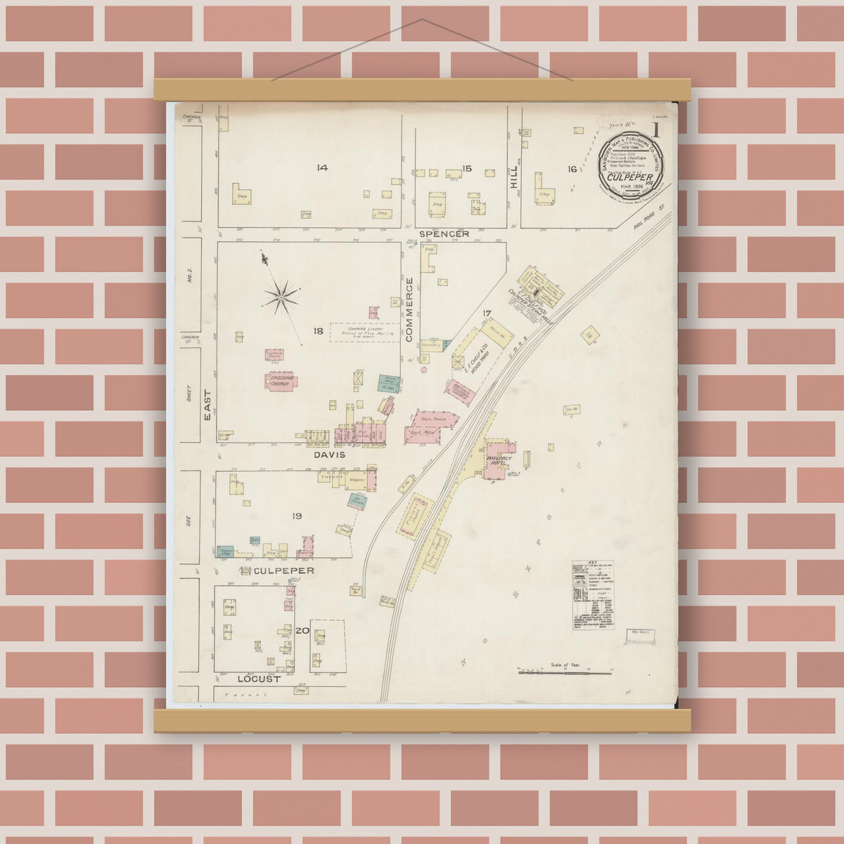 Old map wall art mockup — magnetic wood frame on brick wall — Sanborn Fire Insurance Map from Culpeper, Culpeper County, Virginia (1886), Sheet #0001