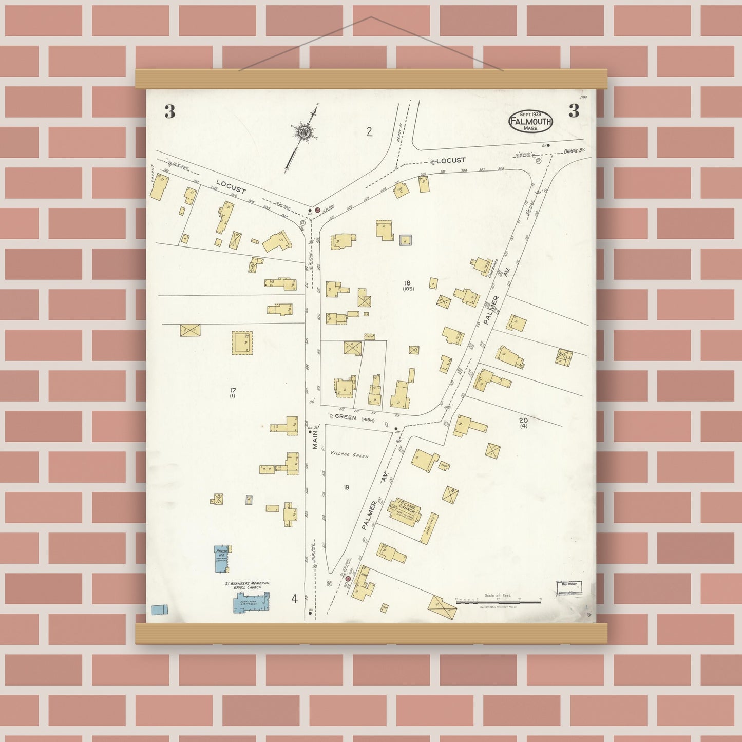 Old map wall art mockup — magnetic wood frame on brick wall — Sanborn Fire Insurance Map from Falmouth, Barnstable County, Massachusetts (1923), Sheet #0003