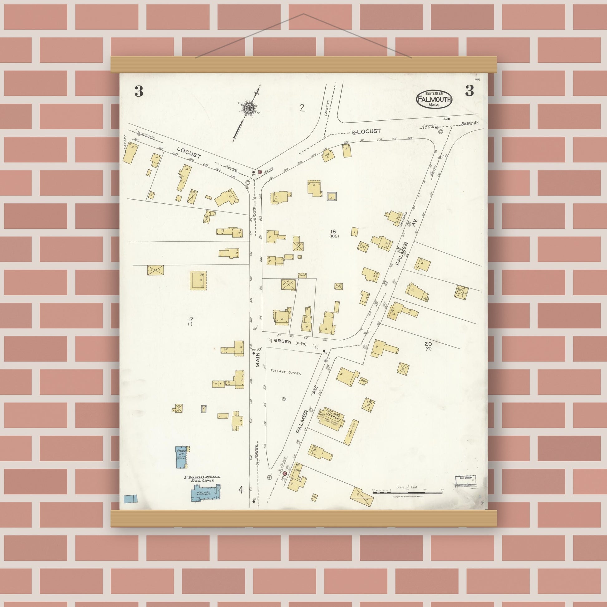 Old map wall art mockup — magnetic wood frame on brick wall — Sanborn Fire Insurance Map from Falmouth, Barnstable County, Massachusetts (1923), Sheet #0003