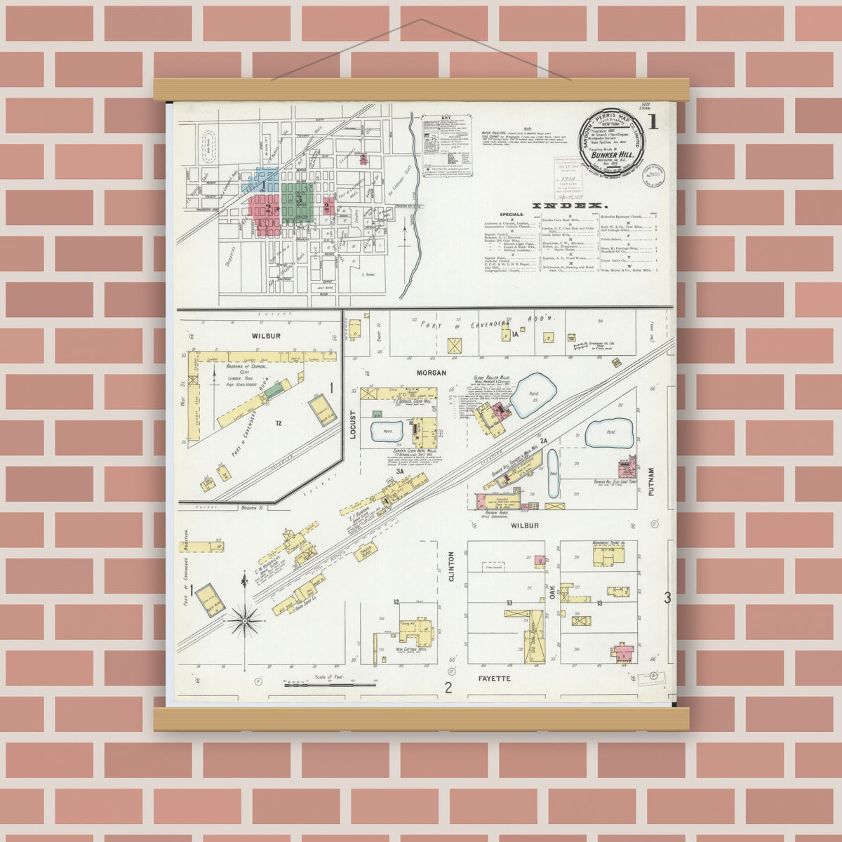 Old map wall art mockup — magnetic wood frame on brick wall — Sanborn Fire Insurance Map from Bunker Hill, Macoupin County, Illinois (1899), Sheet #0001