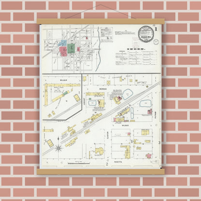 Old map wall art mockup — magnetic wood frame on brick wall — Sanborn Fire Insurance Map from Bunker Hill, Macoupin County, Illinois (1899), Sheet #0001