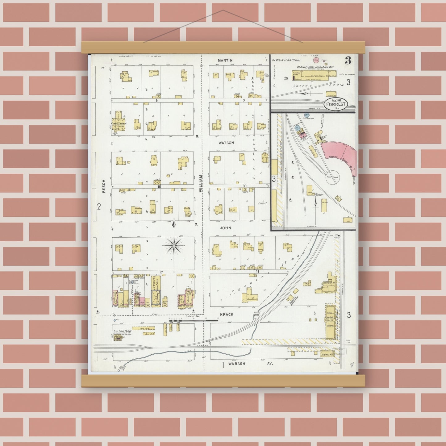 Old map wall art mockup — magnetic wood frame on brick wall — Sanborn Fire Insurance Map from Forrest, Livingston County, Illinois (1899), Sheet #0003