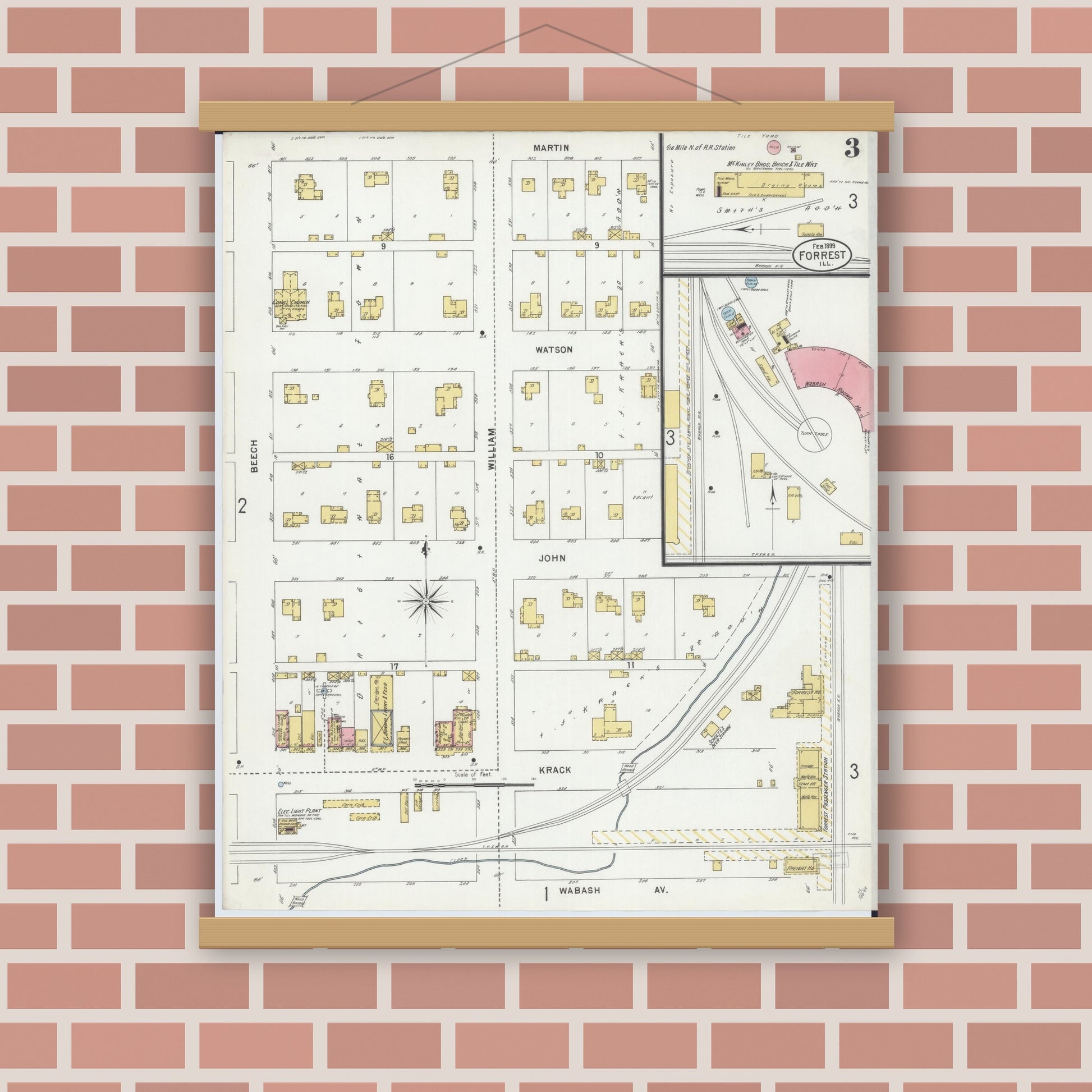 Old map wall art mockup — magnetic wood frame on brick wall — Sanborn Fire Insurance Map from Forrest, Livingston County, Illinois (1899), Sheet #0003