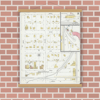 Old map wall art mockup — magnetic wood frame on brick wall — Sanborn Fire Insurance Map from Forrest, Livingston County, Illinois (1899), Sheet #0003
