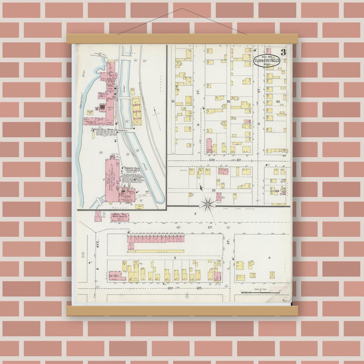 Old map wall art mockup — magnetic wood frame on brick wall — Sanborn Fire Insurance Map from Turners Falls, Franklin County, Massachusetts (1895), Sheet #0003