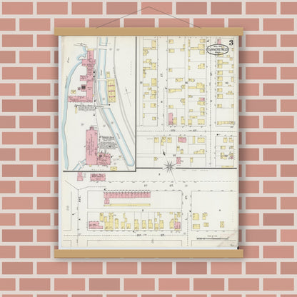 Old map wall art mockup — magnetic wood frame on brick wall — Sanborn Fire Insurance Map from Turners Falls, Franklin County, Massachusetts (1895), Sheet #0003