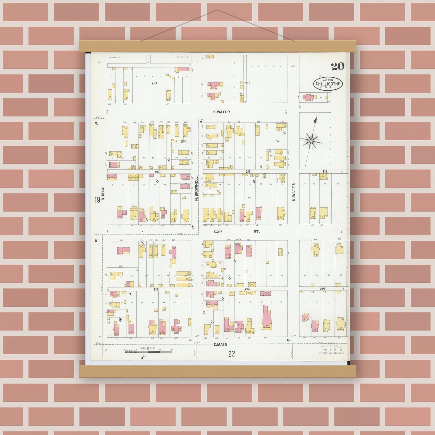 Old map wall art mockup — magnetic wood frame on brick wall — Sanborn Fire Insurance Map from Chillicothe, Ross County, Ohio (1900), Sheet #0020