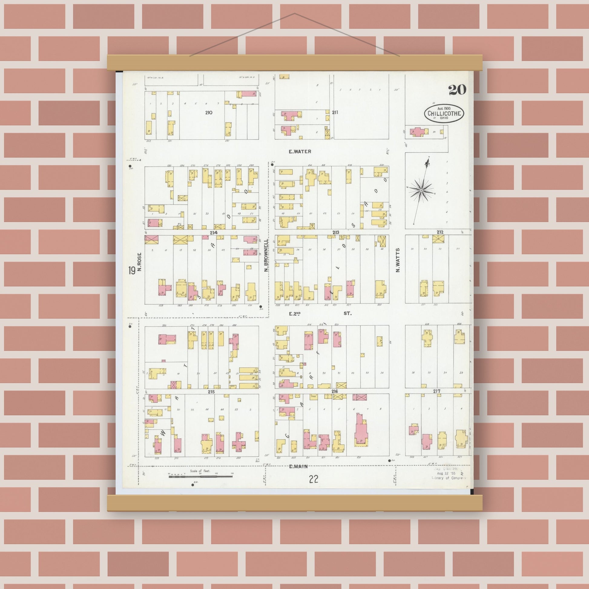 Old map wall art mockup — magnetic wood frame on brick wall — Sanborn Fire Insurance Map from Chillicothe, Ross County, Ohio (1900), Sheet #0020