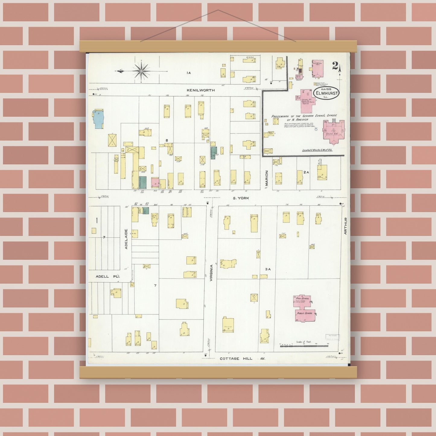 Old map wall art mockup — magnetic wood frame on brick wall — Sanborn Fire Insurance Map from Elmhurst, Du Page County, Illinois (1909), Sheet #0002