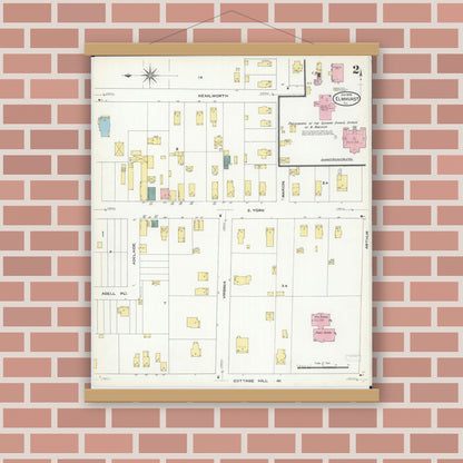 Old map wall art mockup — magnetic wood frame on brick wall — Sanborn Fire Insurance Map from Elmhurst, Du Page County, Illinois (1909), Sheet #0002