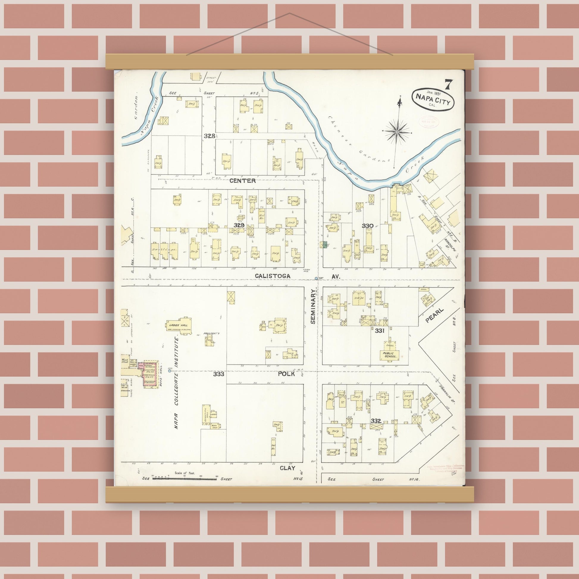 Old map wall art mockup — magnetic wood frame on brick wall — Sanborn Fire Insurance Map from Napa, Napa County, California (1891), Sheet #0007