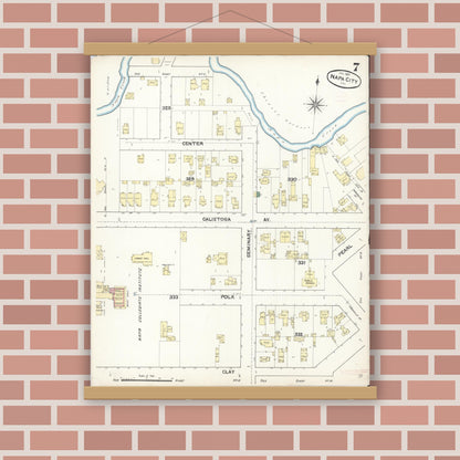 Old map wall art mockup — magnetic wood frame on brick wall — Sanborn Fire Insurance Map from Napa, Napa County, California (1891), Sheet #0007