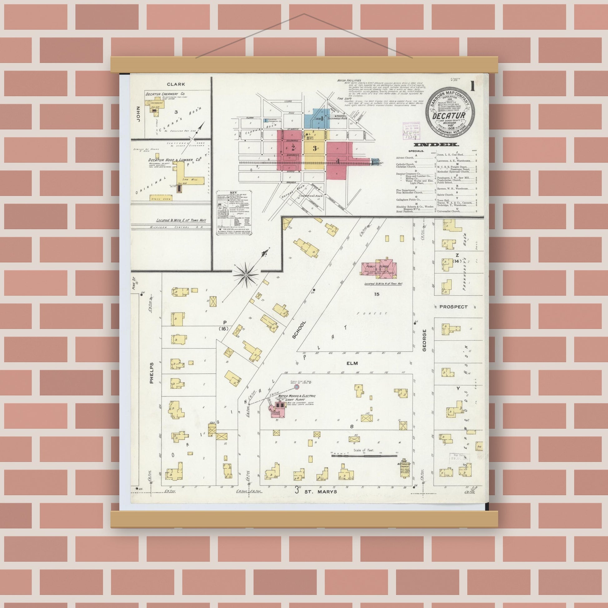 Old map wall art mockup — magnetic wood frame on brick wall — Sanborn Fire Insurance Map from Decatur, Van Buren County, Michigan (1908) - Complete Map Set