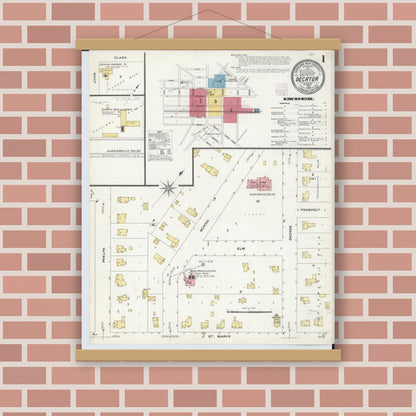 Old map wall art mockup — magnetic wood frame on brick wall — Sanborn Fire Insurance Map from Decatur, Van Buren County, Michigan (1908) - Complete Map Set