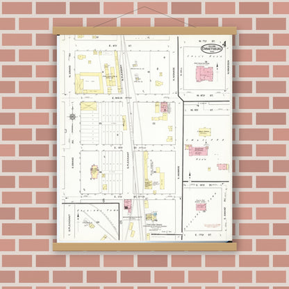Old map wall art mockup — magnetic wood frame on brick wall — Sanborn Fire Insurance Map from Emmetsburg, Palo Alto County, Iowa (1916), Sheet #0004