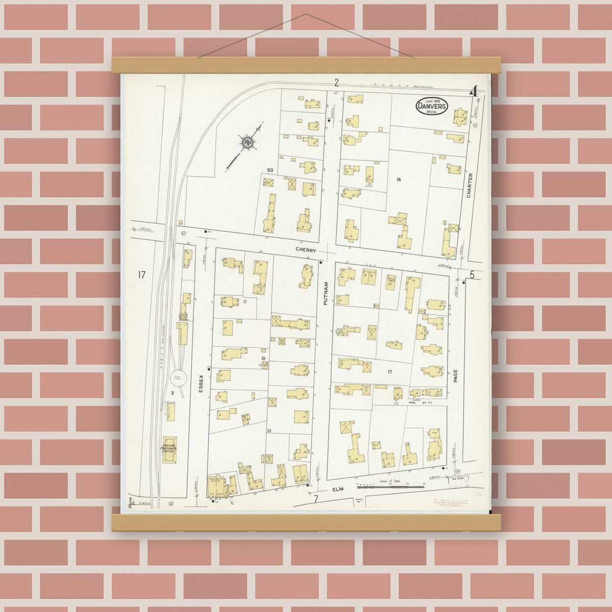 Old map wall art mockup — magnetic wood frame on brick wall — Sanborn Fire Insurance Map from Danvers, Essex County, Massachusetts (1916), Sheet #0004