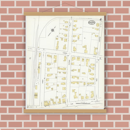 Old map wall art mockup — magnetic wood frame on brick wall — Sanborn Fire Insurance Map from Danvers, Essex County, Massachusetts (1916), Sheet #0004