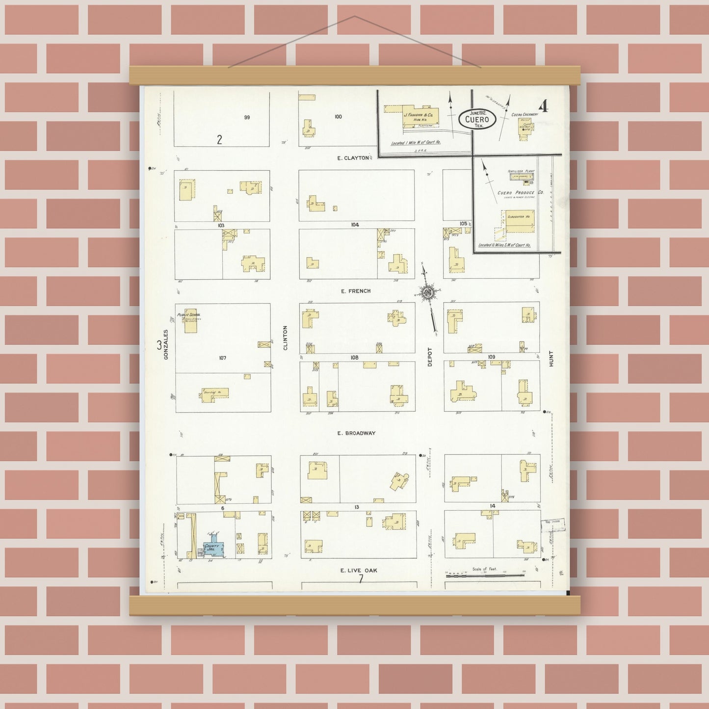Old map wall art mockup — magnetic wood frame on brick wall — Sanborn Fire Insurance Map from Cuero, De Witt County, Texas (1912), Sheet #0004