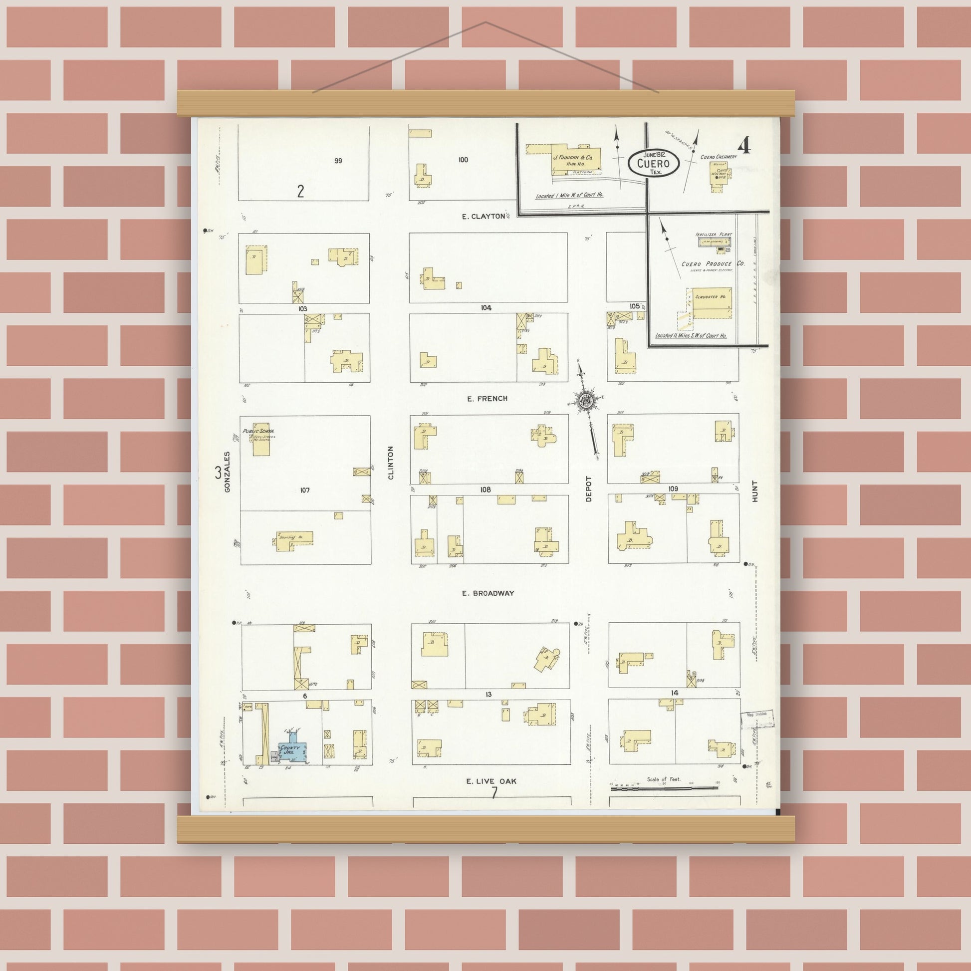 Old map wall art mockup — magnetic wood frame on brick wall — Sanborn Fire Insurance Map from Cuero, De Witt County, Texas (1912), Sheet #0004