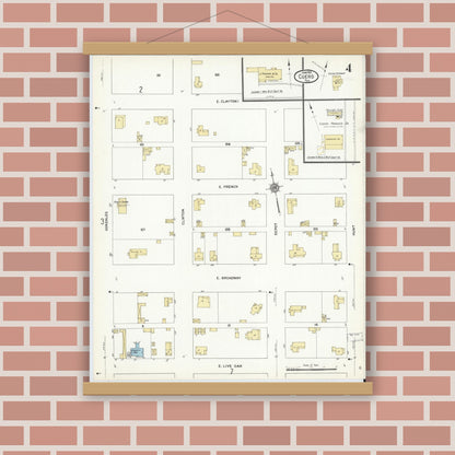 Old map wall art mockup — magnetic wood frame on brick wall — Sanborn Fire Insurance Map from Cuero, De Witt County, Texas (1912), Sheet #0004