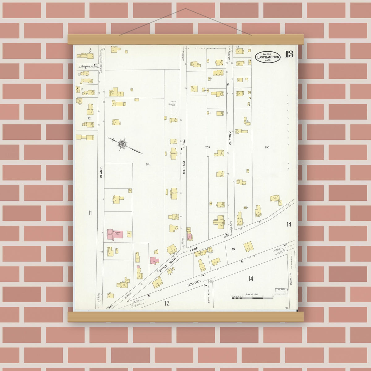 Old map wall art mockup — magnetic wood frame on brick wall — Sanborn Fire Insurance Map from East Hampton, Hampshire County, Massachusetts (1910), Sheet #0013