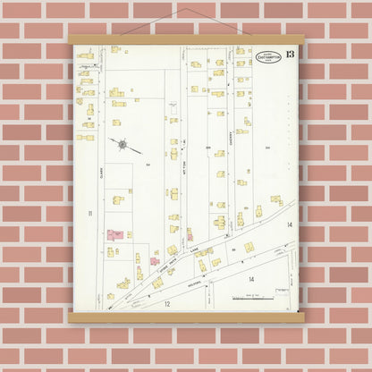 Old map wall art mockup — magnetic wood frame on brick wall — Sanborn Fire Insurance Map from East Hampton, Hampshire County, Massachusetts (1910), Sheet #0013