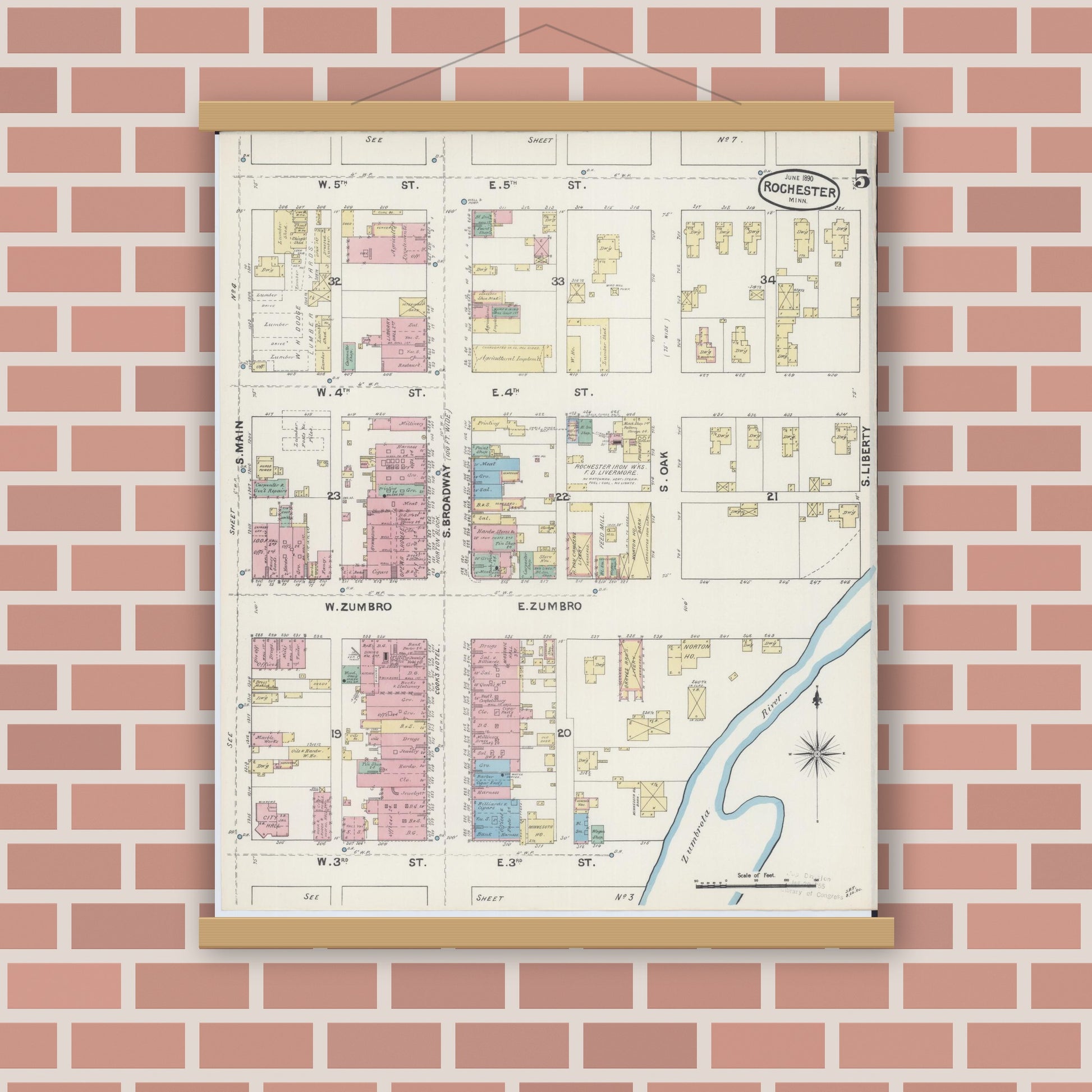 Old map wall art mockup — magnetic wood frame on brick wall — Sanborn Fire Insurance Map from Rochester, Olmsted County, Minnesota (1890), Sheet #0005