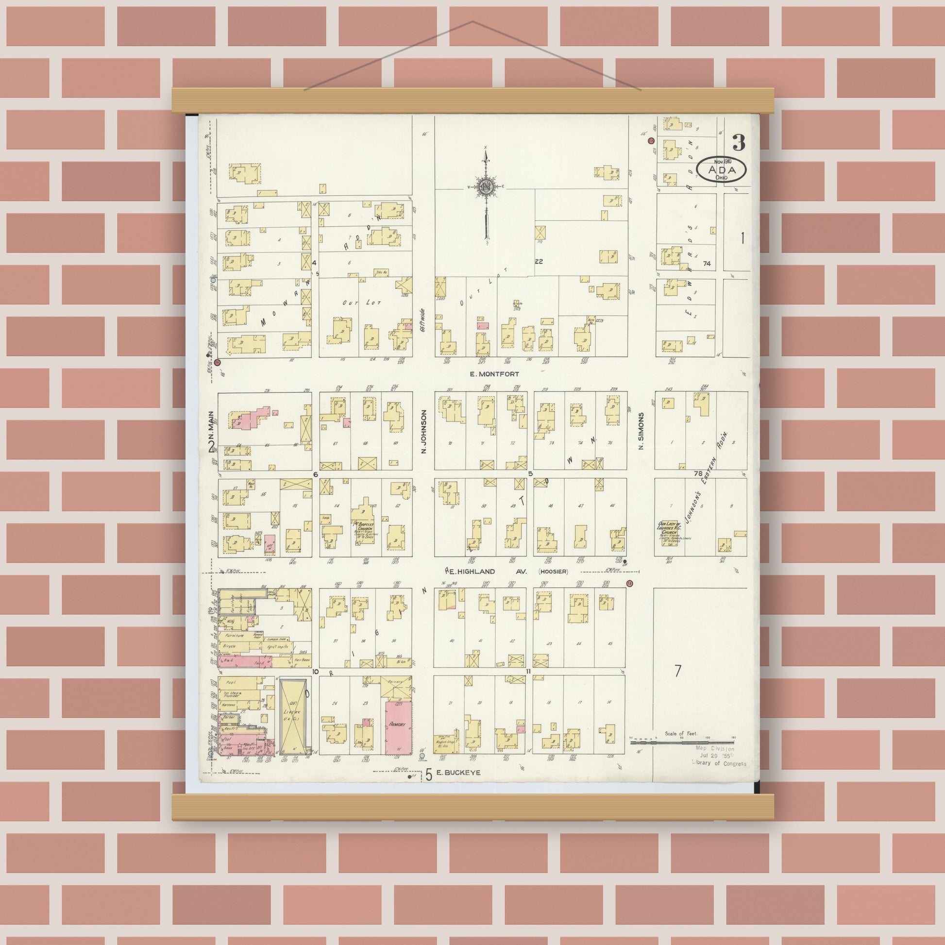 Old map wall art mockup — magnetic wood frame on brick wall — Sanborn Fire Insurance Map from Ada, Hardin County, Ohio (1910), Sheet #0003