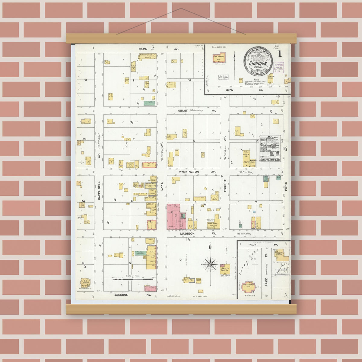 Old map wall art mockup — magnetic wood frame on brick wall — Sanborn Fire Insurance Map from Crandon, Forest County, Wisconsin (1904), Sheet #0001