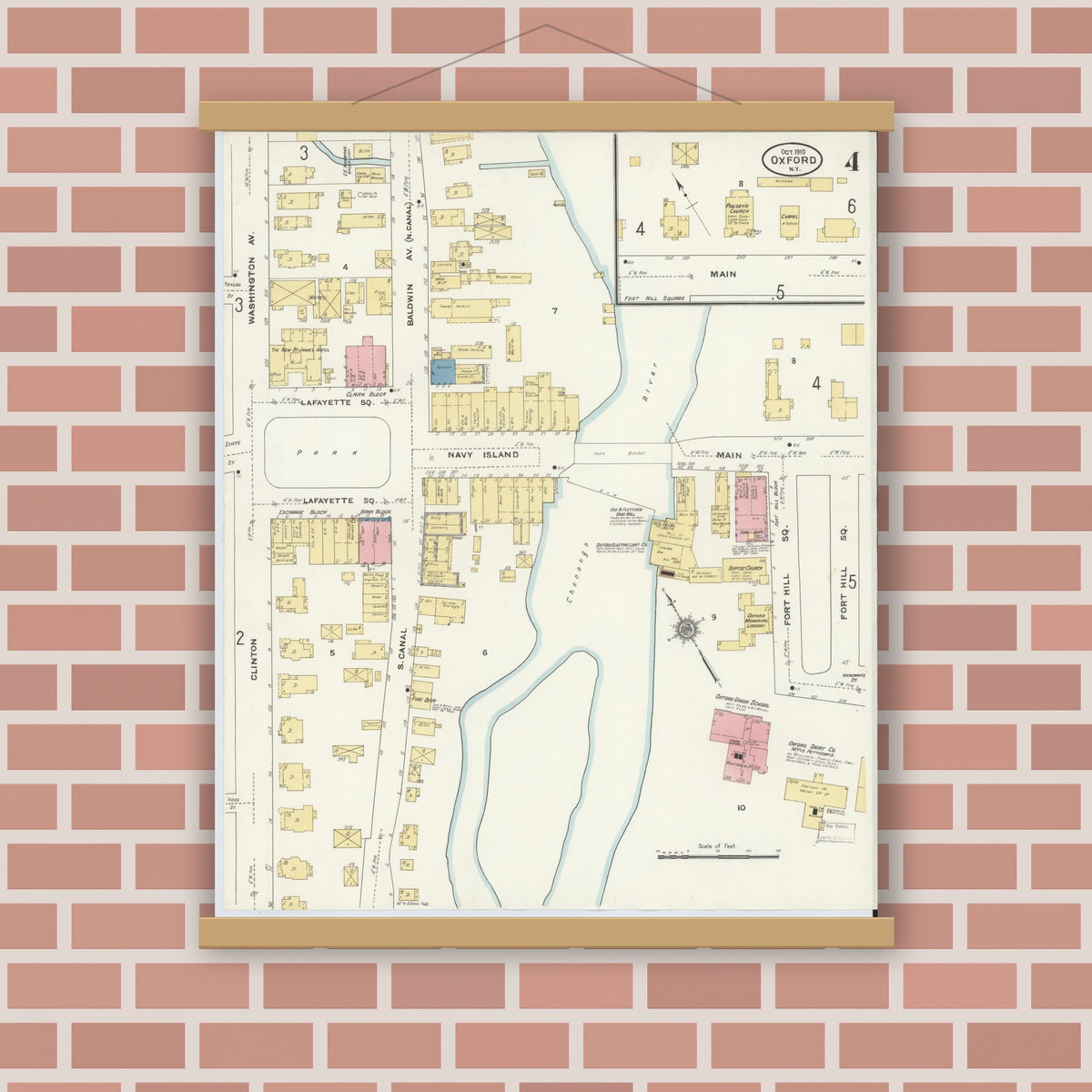 Old map wall art mockup — magnetic wood frame on brick wall — Sanborn Fire Insurance Map from Oxford, Chenango County, New York (1910), Sheet #0004