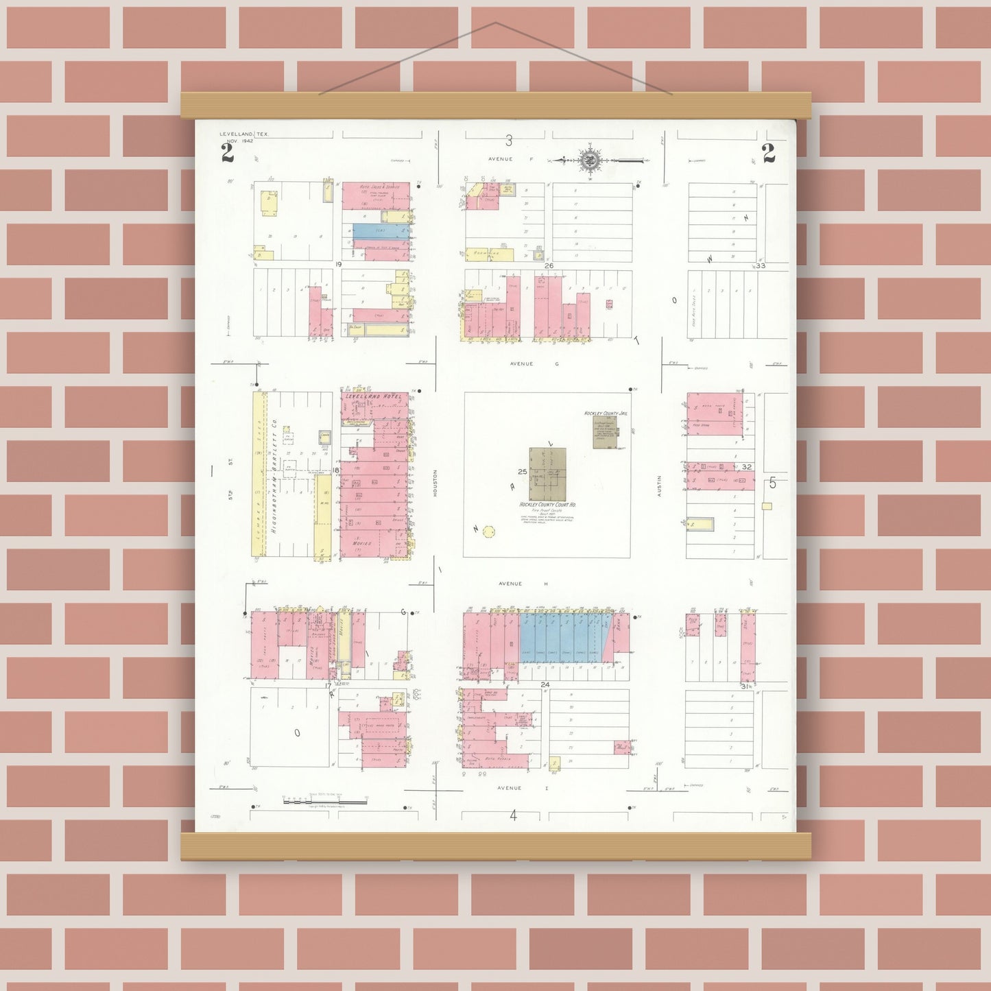 Old map wall art mockup — magnetic wood frame on brick wall — Sanborn Fire Insurance Map from Levelland, Hockley County, Texas (1942), Sheet #0002