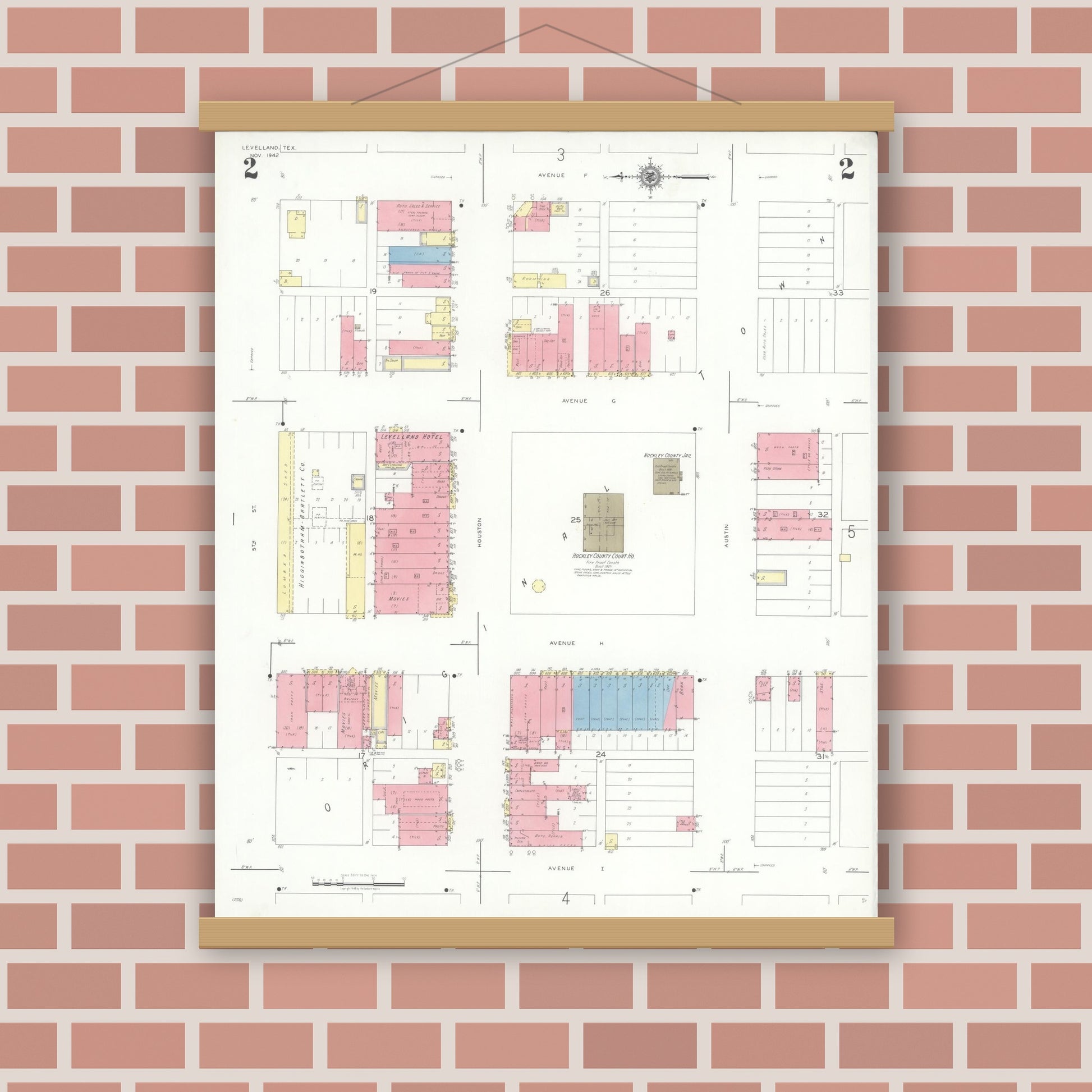 Old map wall art mockup — magnetic wood frame on brick wall — Sanborn Fire Insurance Map from Levelland, Hockley County, Texas (1942), Sheet #0002