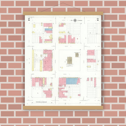 Old map wall art mockup — magnetic wood frame on brick wall — Sanborn Fire Insurance Map from Levelland, Hockley County, Texas (1942), Sheet #0002