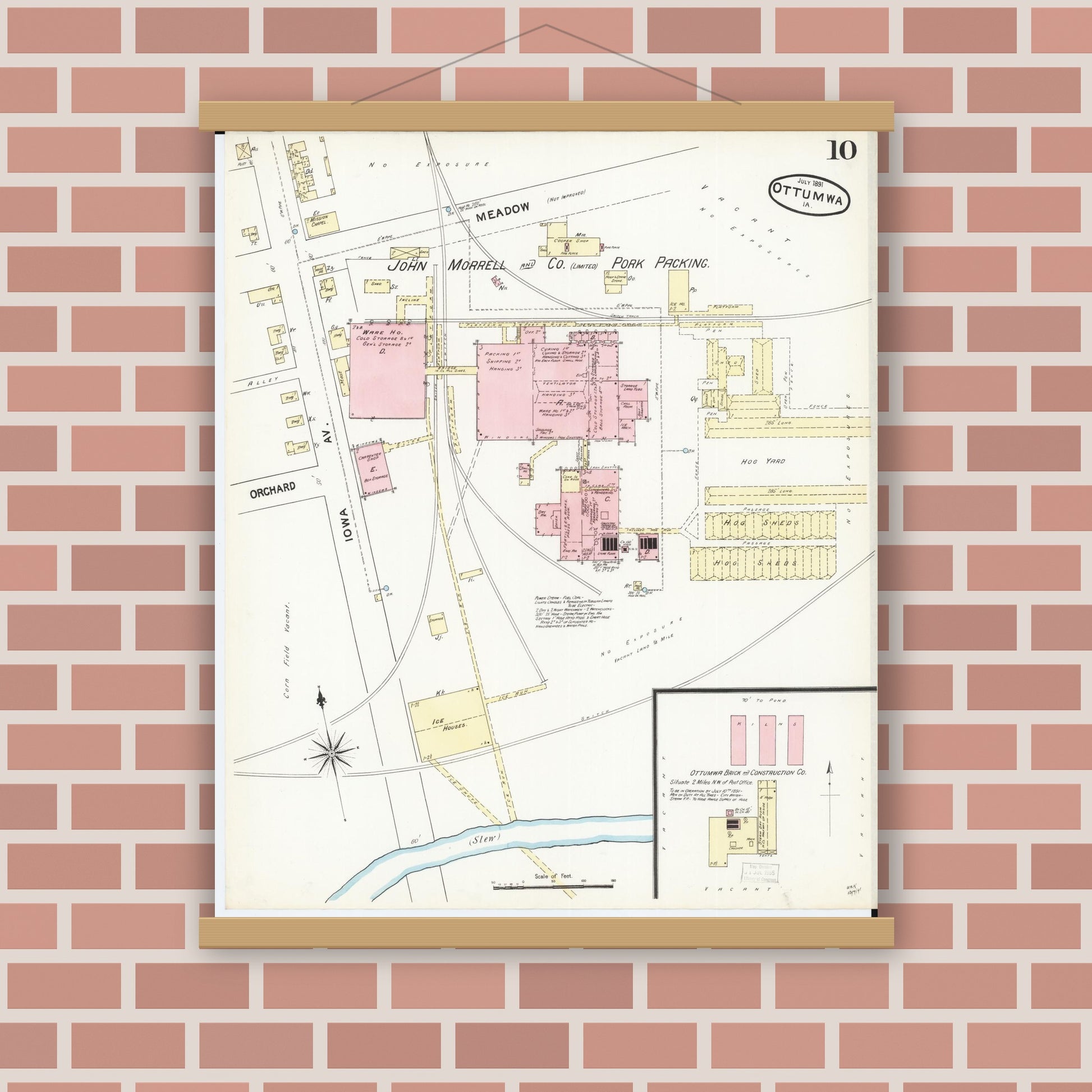 Old map wall art mockup — magnetic wood frame on brick wall — Sanborn Fire Insurance Map from Ottumwa, Wapello County, Iowa (1891), Sheet #0010