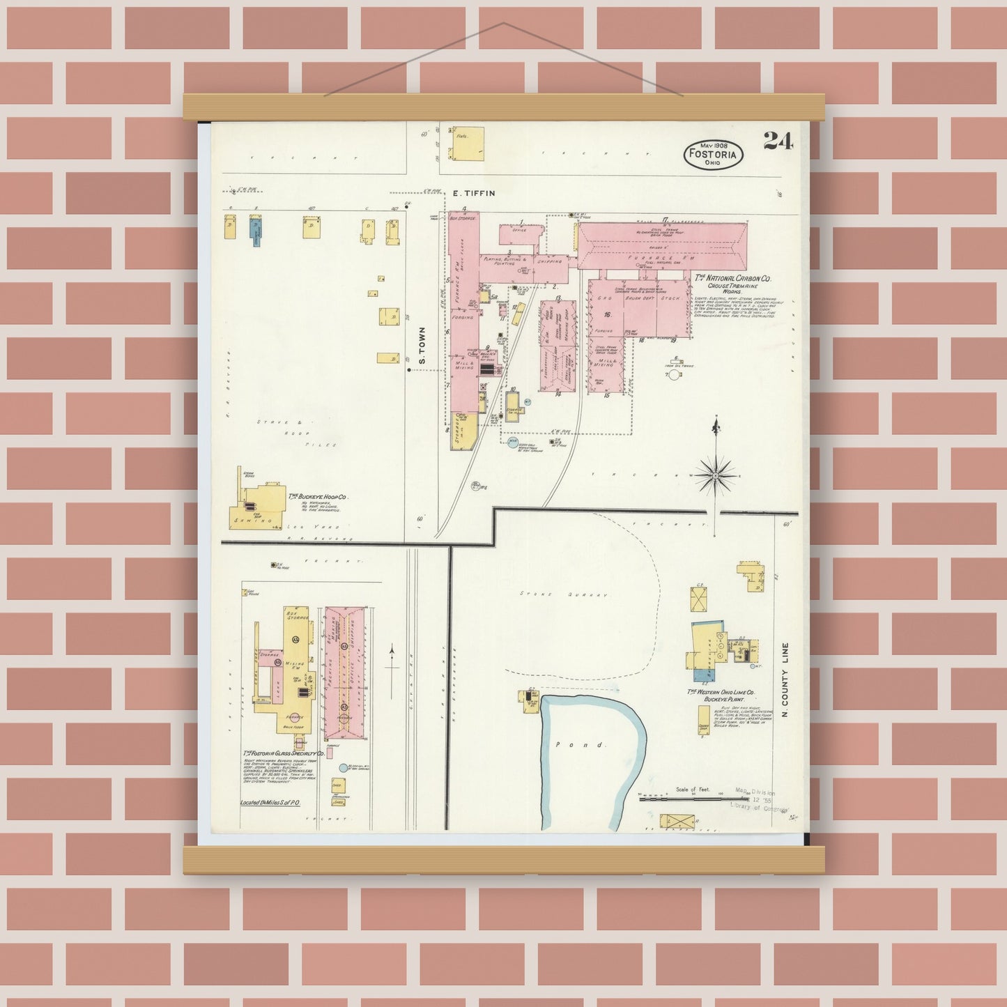 Old map wall art mockup — magnetic wood frame on brick wall — Sanborn Fire Insurance Map from Fostoria, Seneca, Hancock, And Wood Counties, Ohio (1908), Sheet #0024