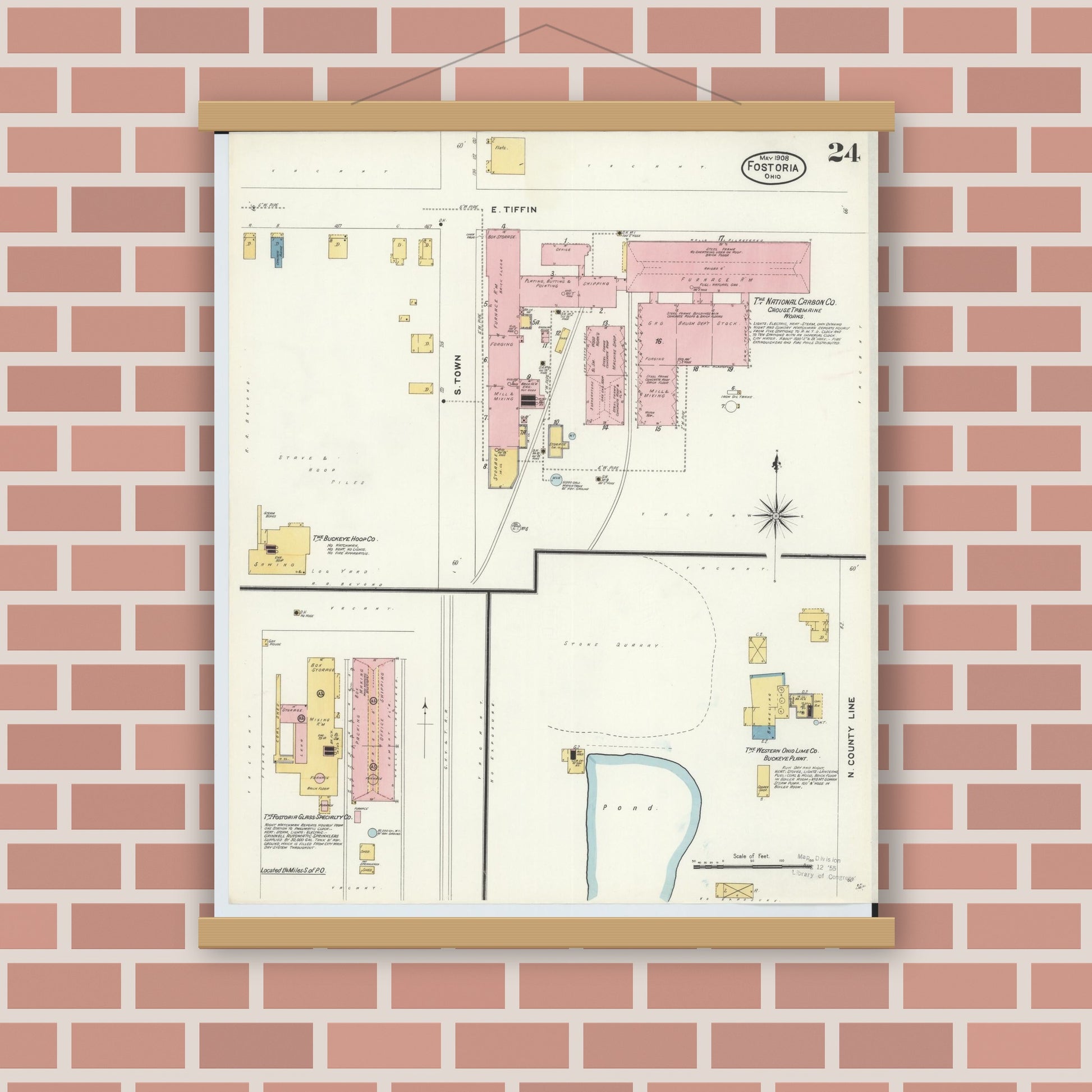 Old map wall art mockup — magnetic wood frame on brick wall — Sanborn Fire Insurance Map from Fostoria, Seneca, Hancock, And Wood Counties, Ohio (1908), Sheet #0024