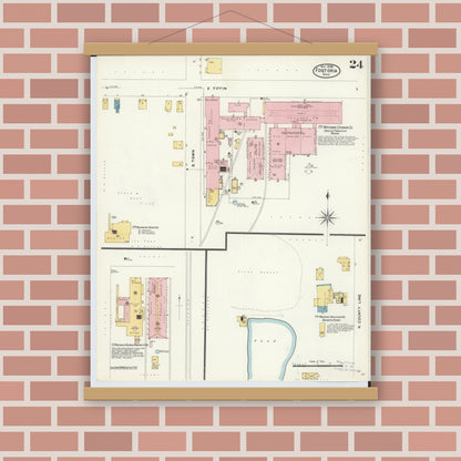 Old map wall art mockup — magnetic wood frame on brick wall — Sanborn Fire Insurance Map from Fostoria, Seneca, Hancock, And Wood Counties, Ohio (1908), Sheet #0024