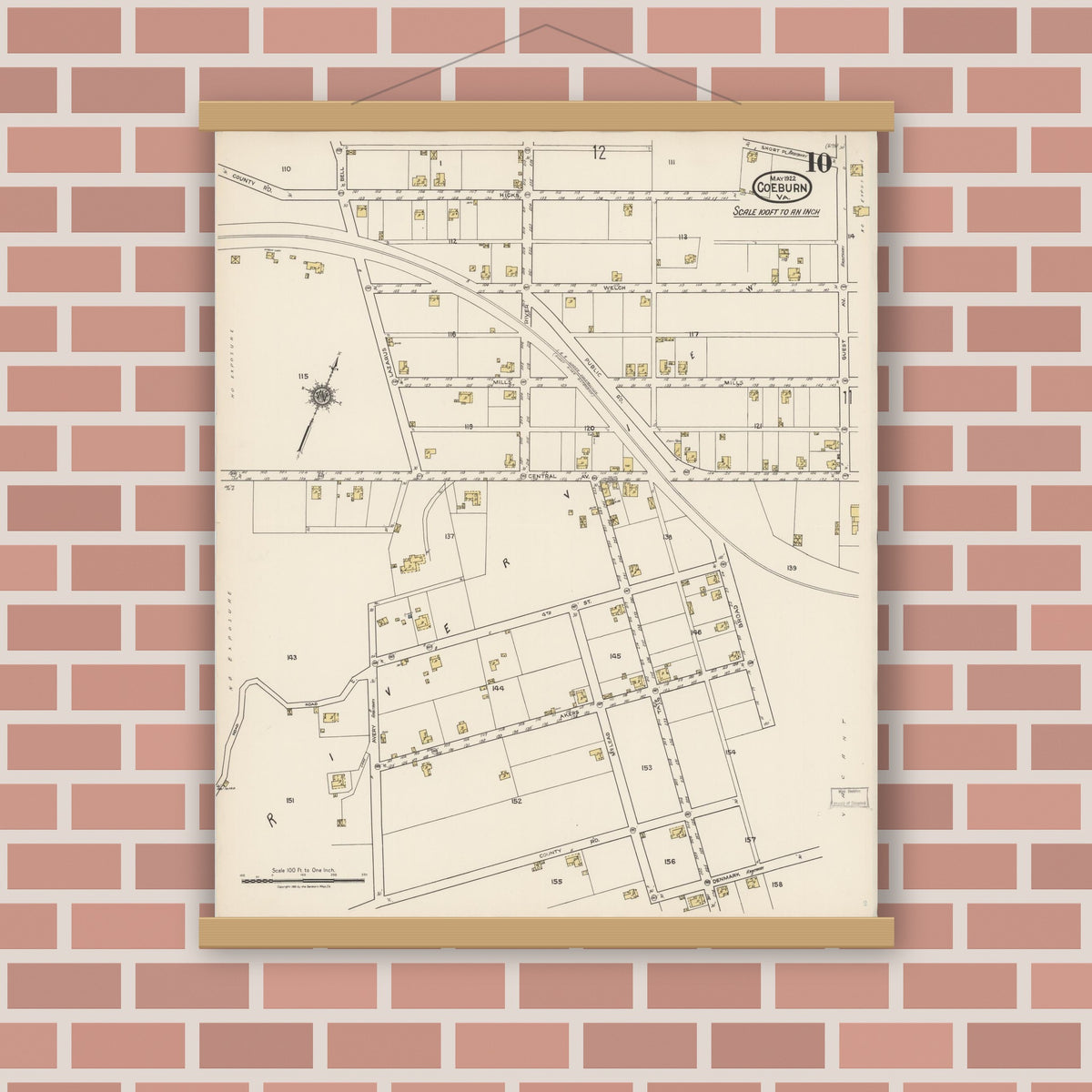 Old map wall art mockup — magnetic wood frame on brick wall — Sanborn Fire Insurance Map from Coeburn, Wise County, Virginia (1922), Sheet #0010